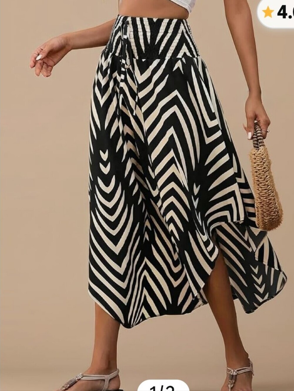 NEW Smocked Waist Black White Graphic Print Boho Skirt M Flattering Comfortable